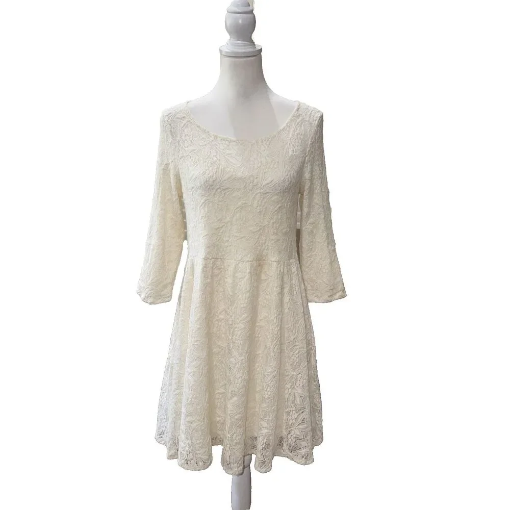 Free People Cream Lace Mini Dress 3/4 Sleeve Fit & Flare Boho Wedding Guest M